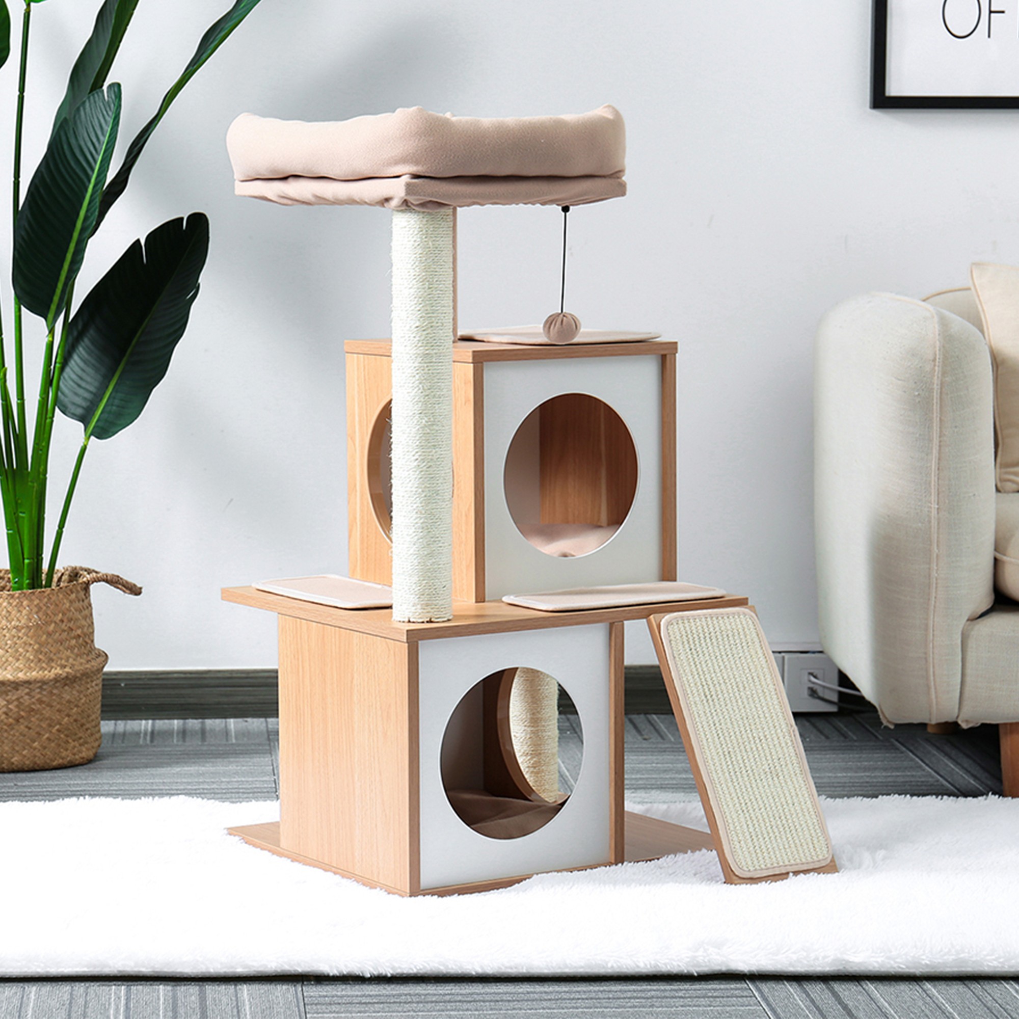 Kadyn 35" Cat Tree Houses for Indoor Cats Wooden Cat Tower Featuring 2 Condo, Removable Soft Perches Kittens, Beige