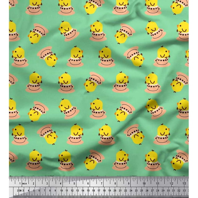 Soimoi Silk Fabric Cup,Plate & Chick Cartoon Printed Fabric 1 Yard 42 Inch Wide