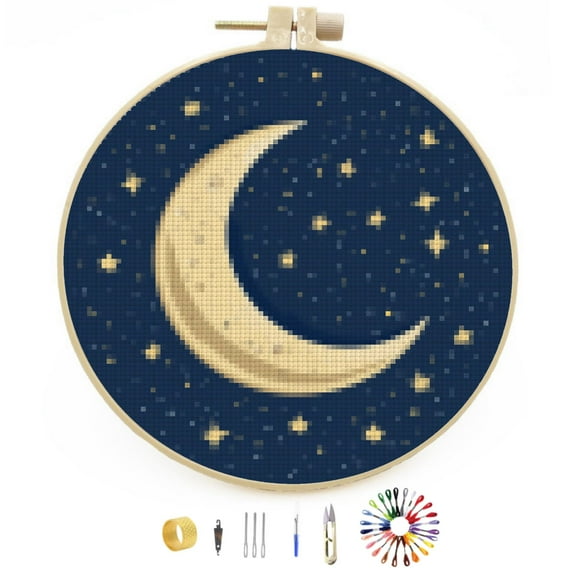 DIY Stamped Cross Stitch Kits Moon and Stars Easy for Beginners with Hoop 11CT Counted Embroidery Needlepoint Crafts Arts for Handmade Enthusiasts and Home Decor 30x30cm(1)