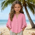 thumbnail image 6 of CQONEPT Linen Button Down Shirt for Girl 3/4 Length Ruffle Sleeve Tops Casual V Neck Cute Shirts Summer Vacation Blouses Pink 5 Years, 6 of 7