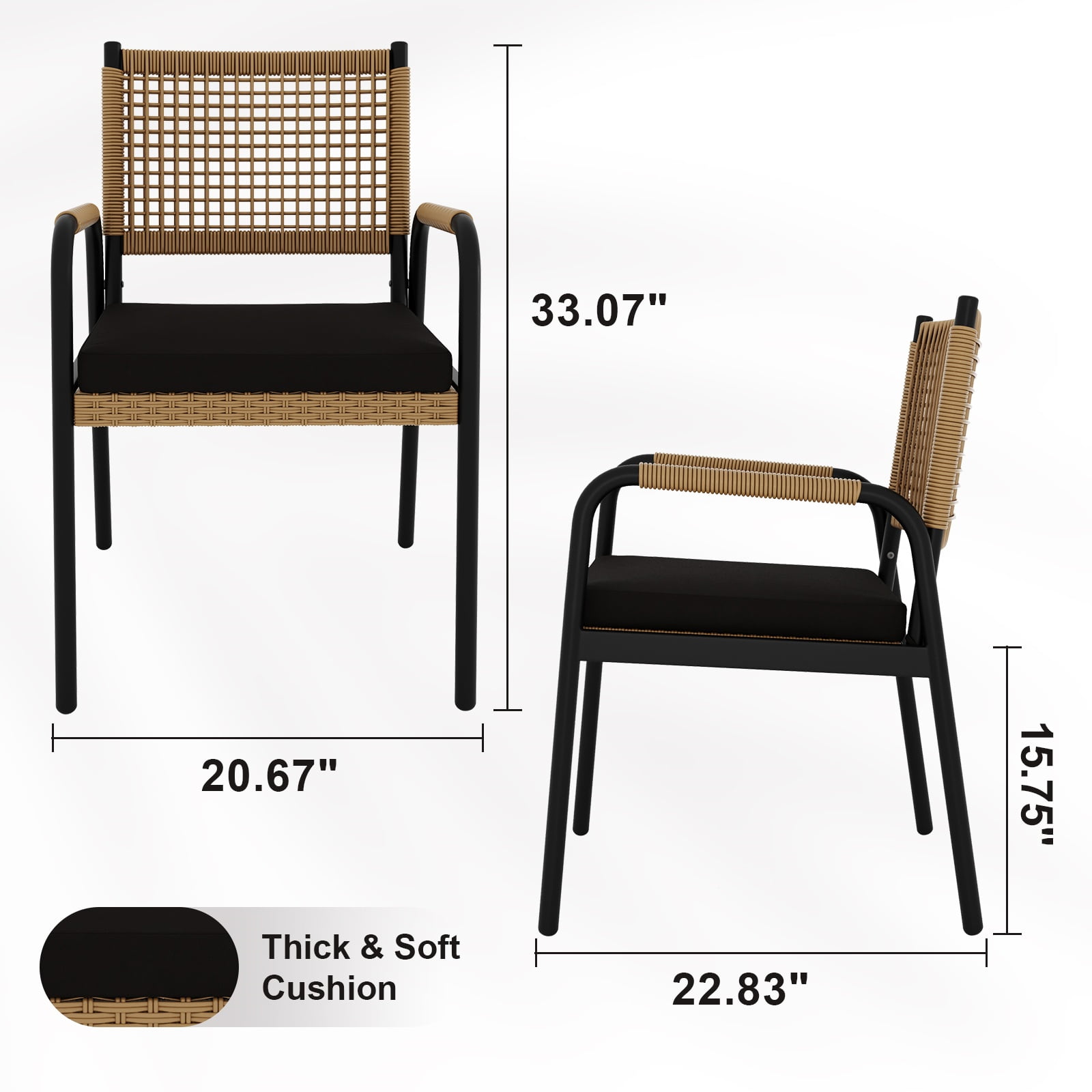 Riedhoff Outdoor Patio Dining Chair Set of 4, with 1.18" Cushions and Armrest, Black/Brown