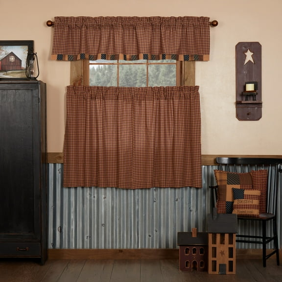 VHC Brands Patriotic Patch 3 PC Deep Red Curtain Set (1 Valance 16x72 and 2 Tier 36x36)