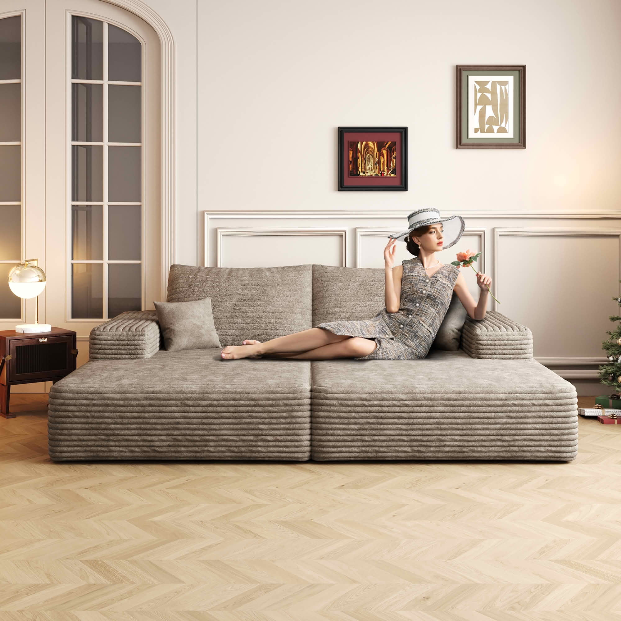 MAYEERTY 74.8" Oversized Chaise Lounge Chair, Cloud Plush Corduroy Upholstered Sofa Bed, Modern Deep Seat Sofa with Back Cushion, Cozy Sleeper Couch for Living Room, No Assembly Required