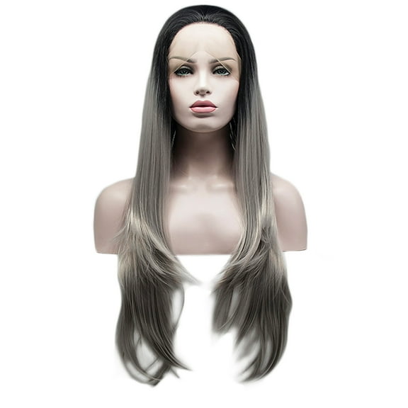 Unique Bargains Lace Front Wigs for Women 24" Black Gradient Gray Long Natural Curly with Wig Cap