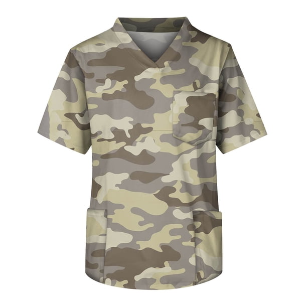 Men's Short Sleeve V Neck Camouflage Print Chest Pocket Carer Top 2XL