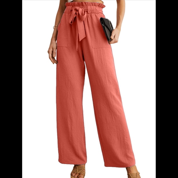 Pantalones Anchos para Mujer con Bolsillos, Cintura Alta, Nudo Ajustable, Holgados, Informales, para Trabajo y Negocios. Rojo L