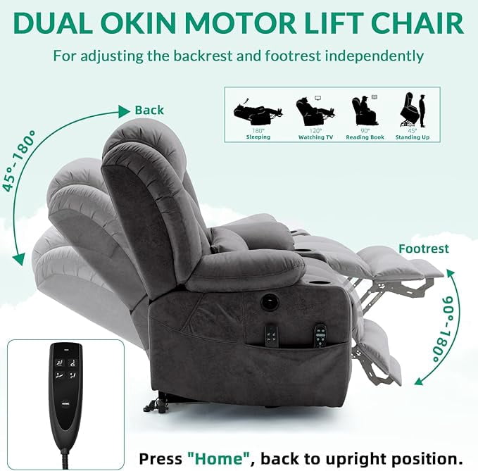 VIVIJASON Tall Man Dual Motor Power Lift Recliner, Oversized Lay-Flat Sleeper with Extended Footrest, Heat, Massage, Lumbar Pillow & USB/Type-C, Grey