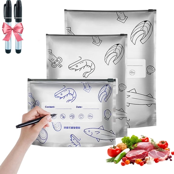 20/40/60Pcs Reusable Aluminum Foil Storage Bags with 2 Marker Pens - Washable & Sealable Freezer Bags for Food, Vegetables, Fruit and Meat