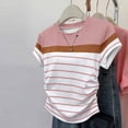 thumbnail image 1 of Uootdi Womens Color Block Striped Tops Round Neck Short Sleeve Ruched Side Design Everyday Chic Style Lightweight Comfortable Tees Gift, 1 of 5