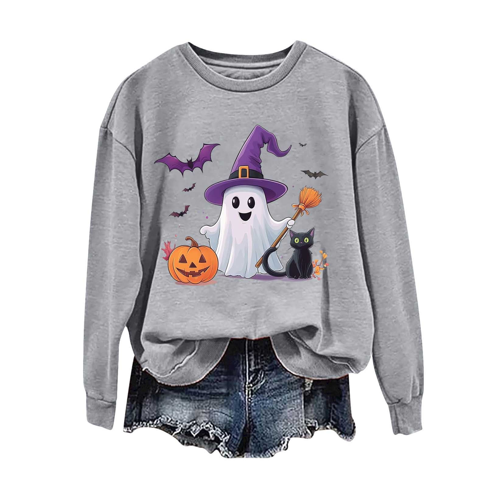 Sweats D'Halloween Pour Femmes, Tendance, Imprimé Fantôme Amusant, Chemises Graphiques Décontractées, Manches Longues, Col Rond, Hauts, Vert Kaki, T-Petit