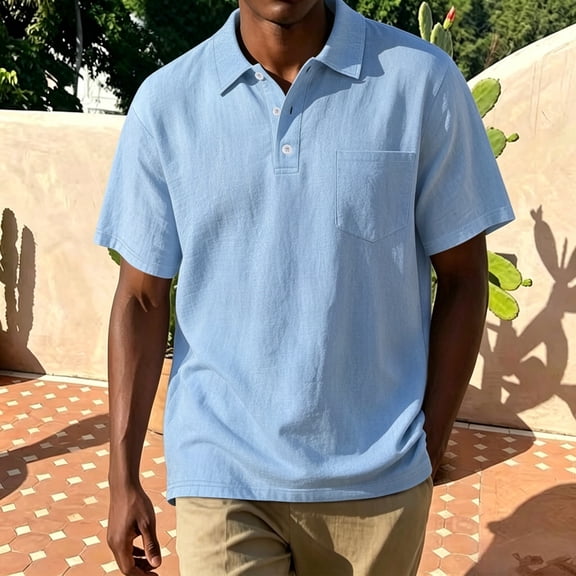 Linen Polo Shirts for Men Short Sleeve Breathable Casual Solid Color Pocket Top Lightweight Summer Tee Mens Golf Shirt Sky Blue 2XL