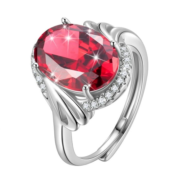 Juwaliy 8Ct Oval Ruby Women Ring 925 Sterling Silver Halo July Birthstone Red Band Jewelry Mother Grandma Birthday Xmas Valentine's Day Gift