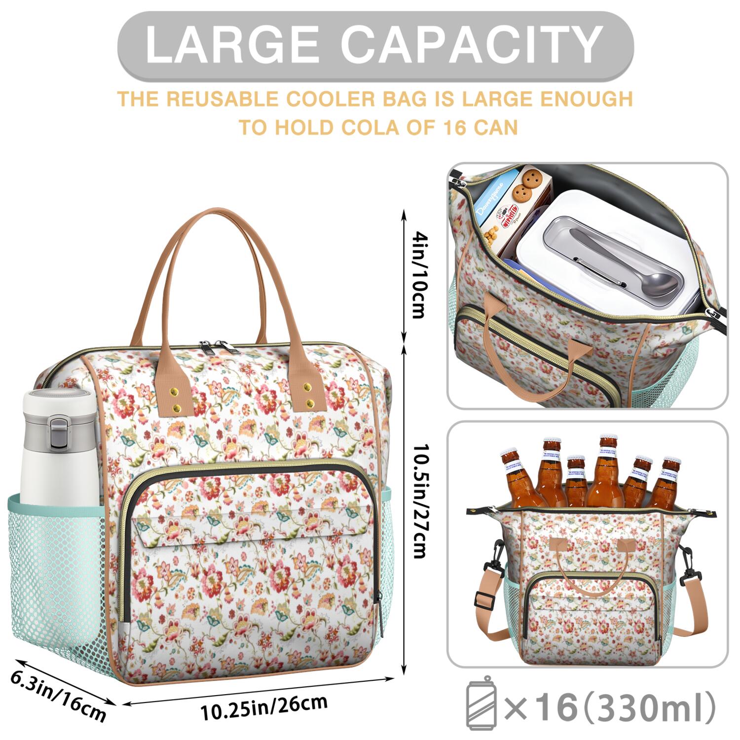 Pioneer Flower Floral Print Pattern Womens Lunch Box for Work,Insulated Large Lunch Bag for Tween and Teen,Loncheras Para Mujer,Leakproof Adult Lunch Bag for Work,Beach,Travel,Picnic,Camping