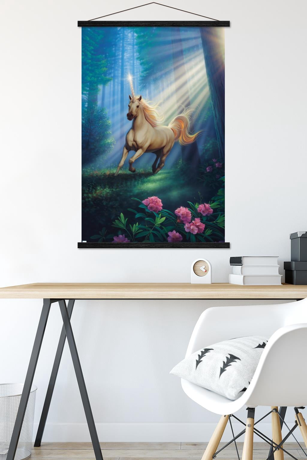 Kirk Reinert - Secret Forest Unicorn Wall Poster with Wooden Magnetic Frame, 22.375" x 34"