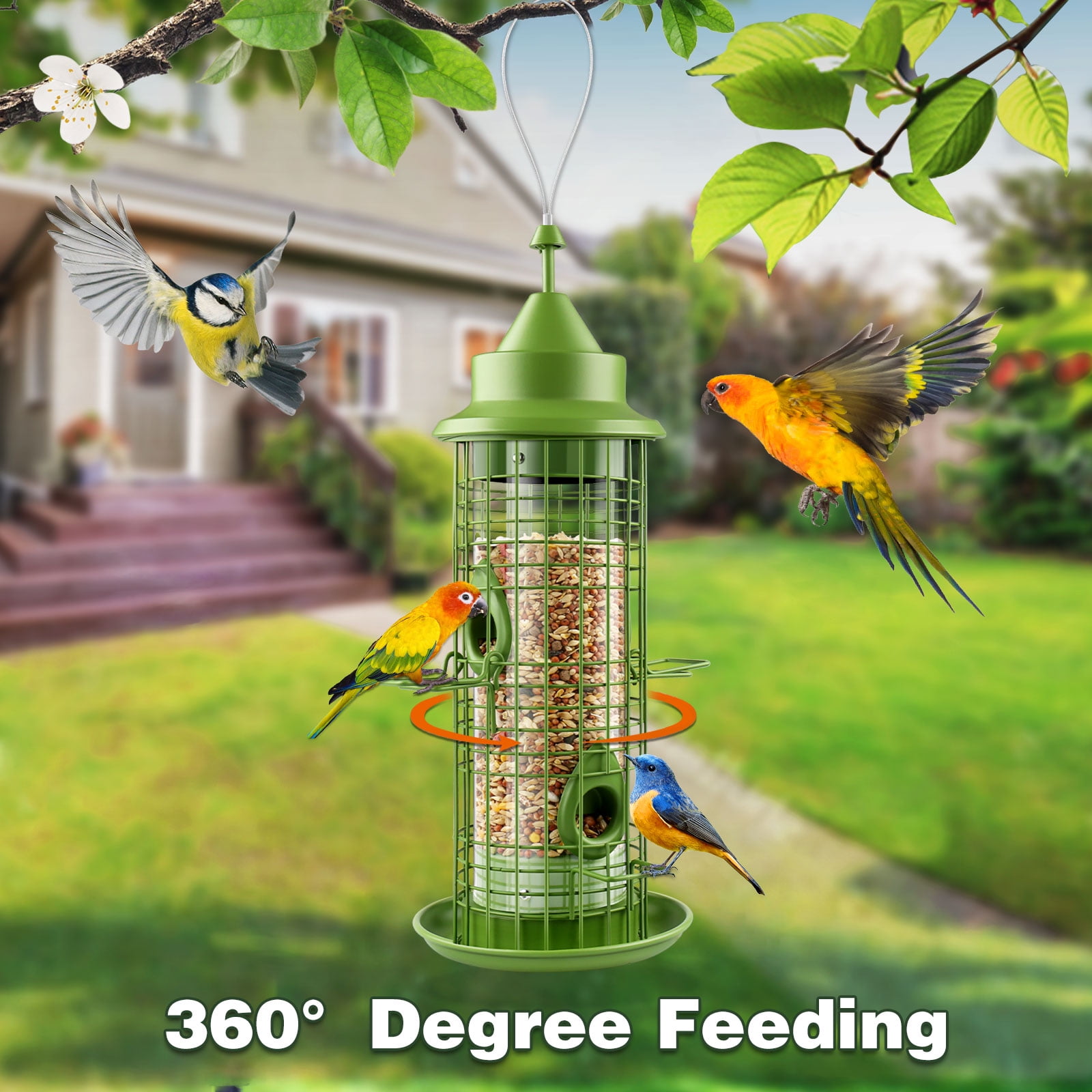 UPSKY Durable 4-Perch Multi-Bird Tube Feeder with Roof 2.2 lb Capacity, Green