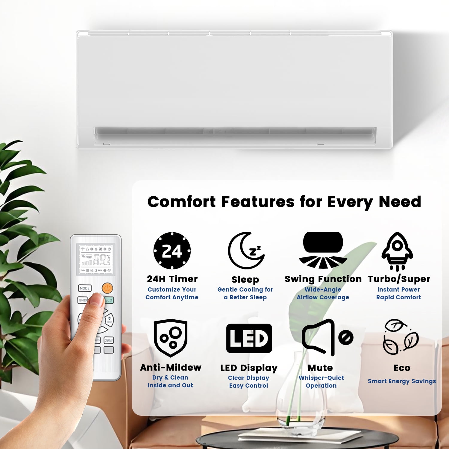18000BTU Mini Split Air Conditioner Heat Pump,19 SEER2 Split ac unit 230V with Remote AC Cool Up to 1000 Sq. Ft,Variable Frequency Cooling and Heating,R32 Refrigerant & Installation Kit, White