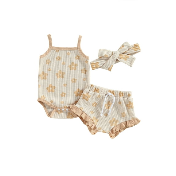 Wassery Baby Infant Girls Summer Rompers Set Floral Sleeveless Jumpsuit and Casual Ruffle Shorts with Headband 3Pcs Set 0-18M