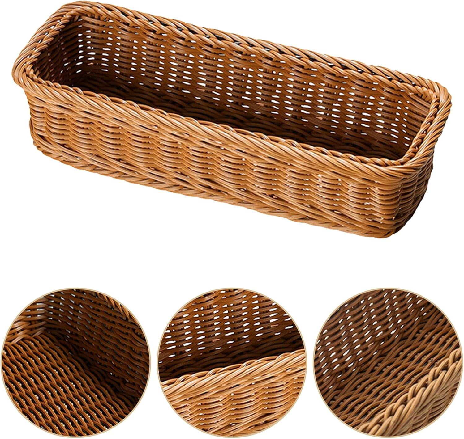 ABCISI 2pcs Wicker Cutlery Basket, Rectangular Woven Baskets Bins, Rattan Woven Utensils Holder, Cutlery Organizer Holder for Countertop, Chopsticks Storage Bucket Bread Tray Serving Tray for Kitchen