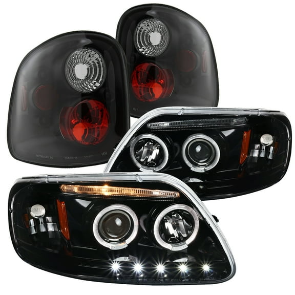 Spec-D Tuning Shiny Black LED Halo Projector Headlights Black Brake Tail Lamps Compatible with 1997-2003 Ford F150 Left   Right Pair Headlamps Assembly