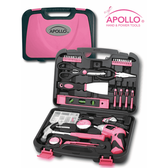 Apollo Tools 135 Piece Household Tool Kit Pink with Pivoting Dual-Angle 3.6 Volt Lithium-Ion Cordless Screwdriver - DT0773N1