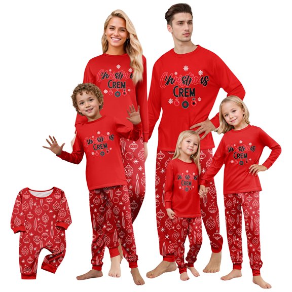 Family Christmas Pajamas Matching Sets Red Crewneck Long Sleeve Tops and Christmas Crem Printed Pants Holiday Sleepwear Loungewear