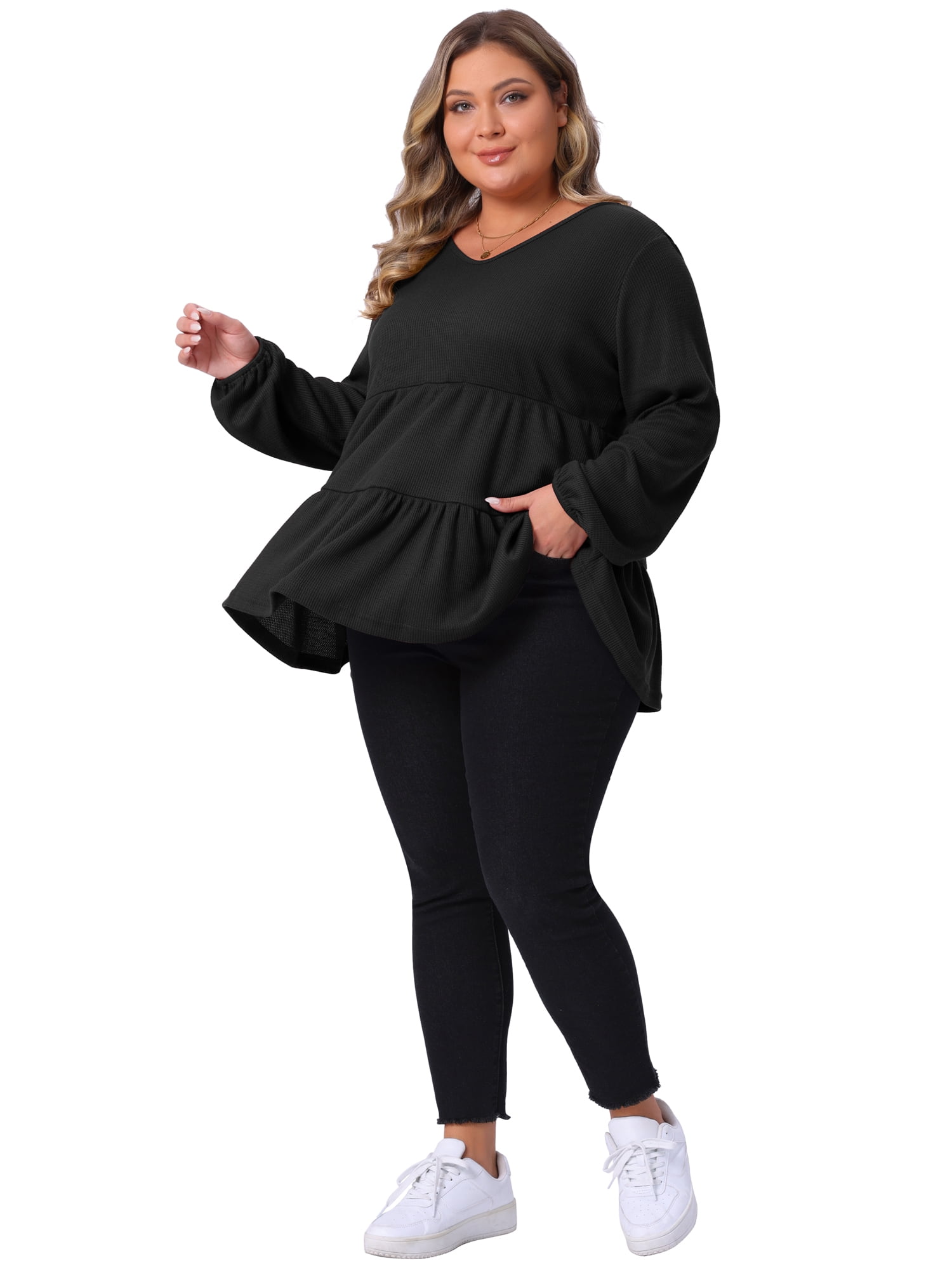DARING DIVA Women's Plus Babydoll V Neck Ruffle Hem Peplum Blouse 4X Black