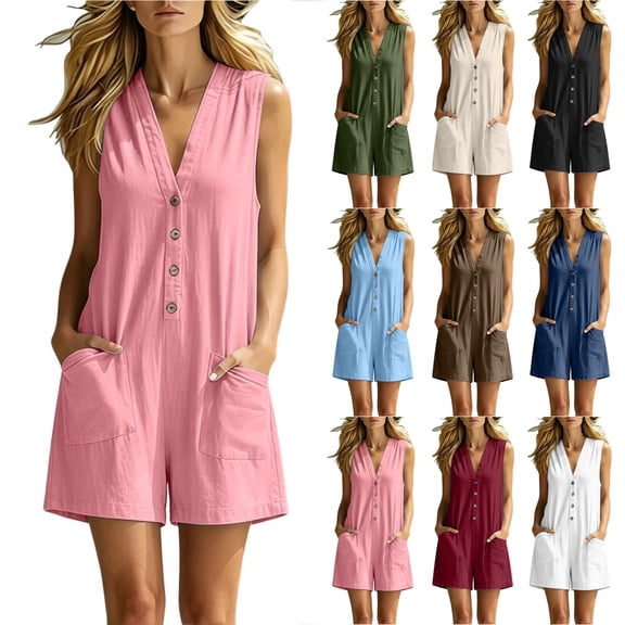 Bloomae Womens Casual Rompers Overalls Shorts Summer Sleeveless V Neck One Piece Jumpsuits Loose Fit Casual Wide Leg Shorts Outfits with Pocket