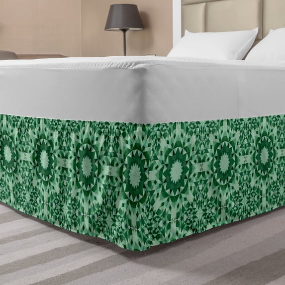 Ethnic Bed Skirt, Artwork of Triangles Formed in Monochrome Style Print, Elastic Bedskirt Dust Ruffle Wrap Around for Bedding Decor, 4 Sizes, Forest Green Mint Green, by Ambesonne