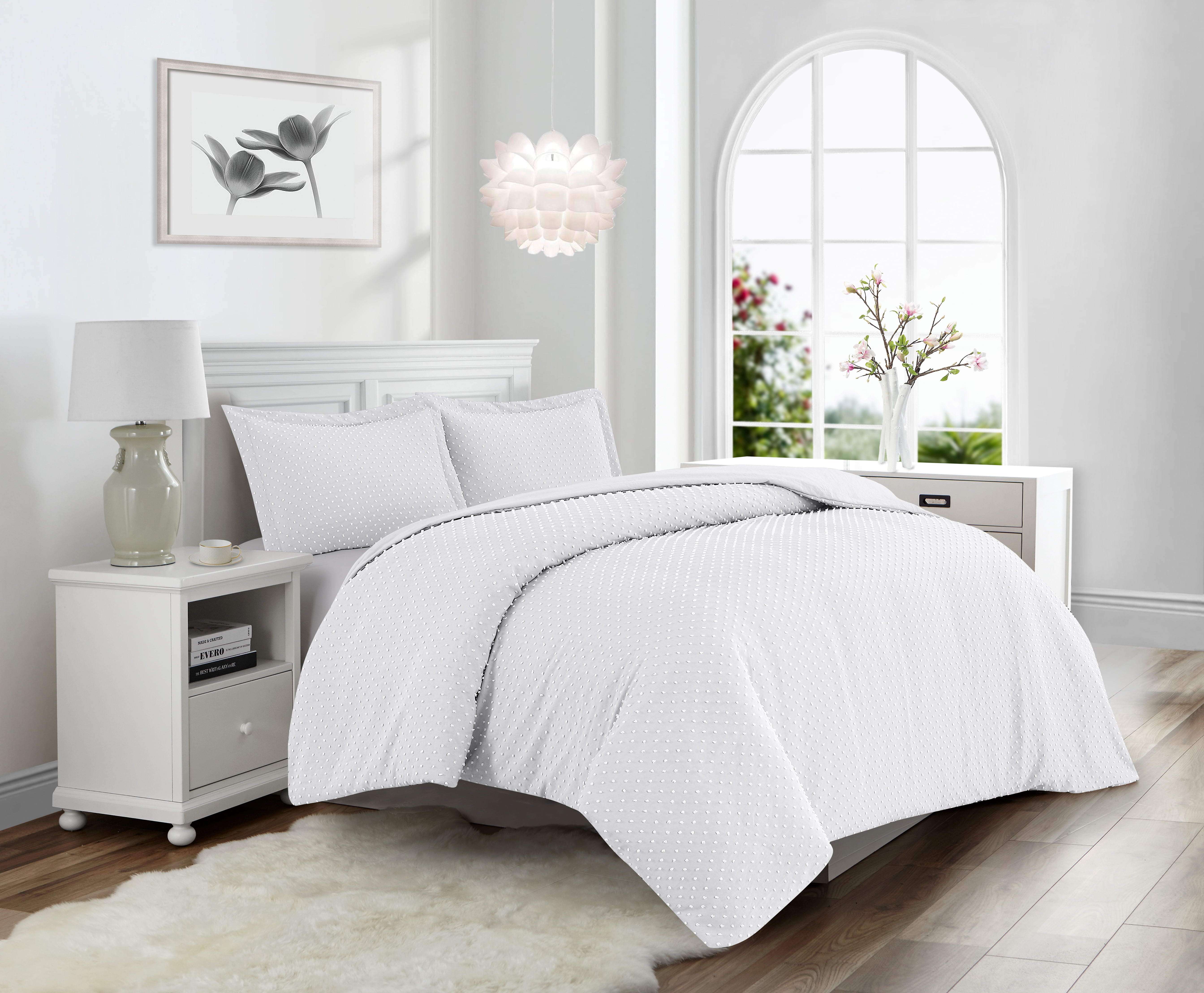 Swift Home Dot Clip Textured Duvet Cover Set, Soft All Season Bedding with Zipper Closure, Twin, White