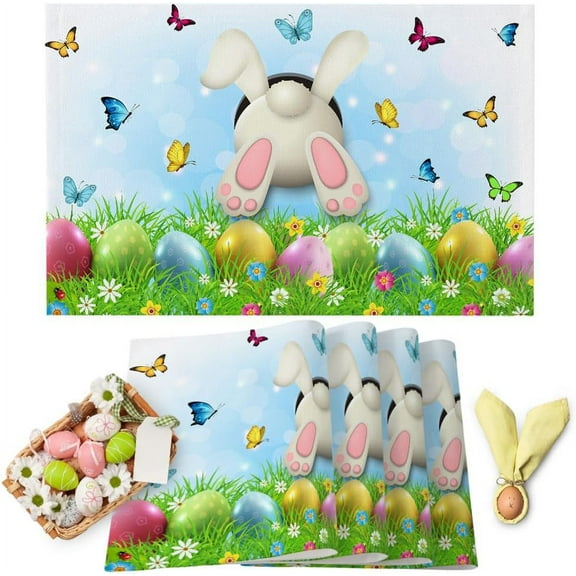 Easter Placemats Set of 6 Washable Table Mats for Kitchen Dining Table, Funny Rabbit Heat-Resistant Cotton Linen Place Mats for Indoor Outdoor Parties Holiday Decoration, Spring Eggs Watercolor Pastel