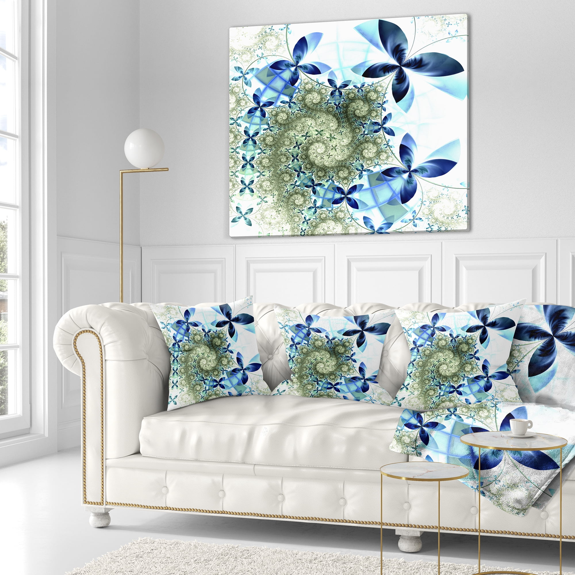 Designart Blue and Green Fractal Flowers - Floral Throw Pillow - 18x18