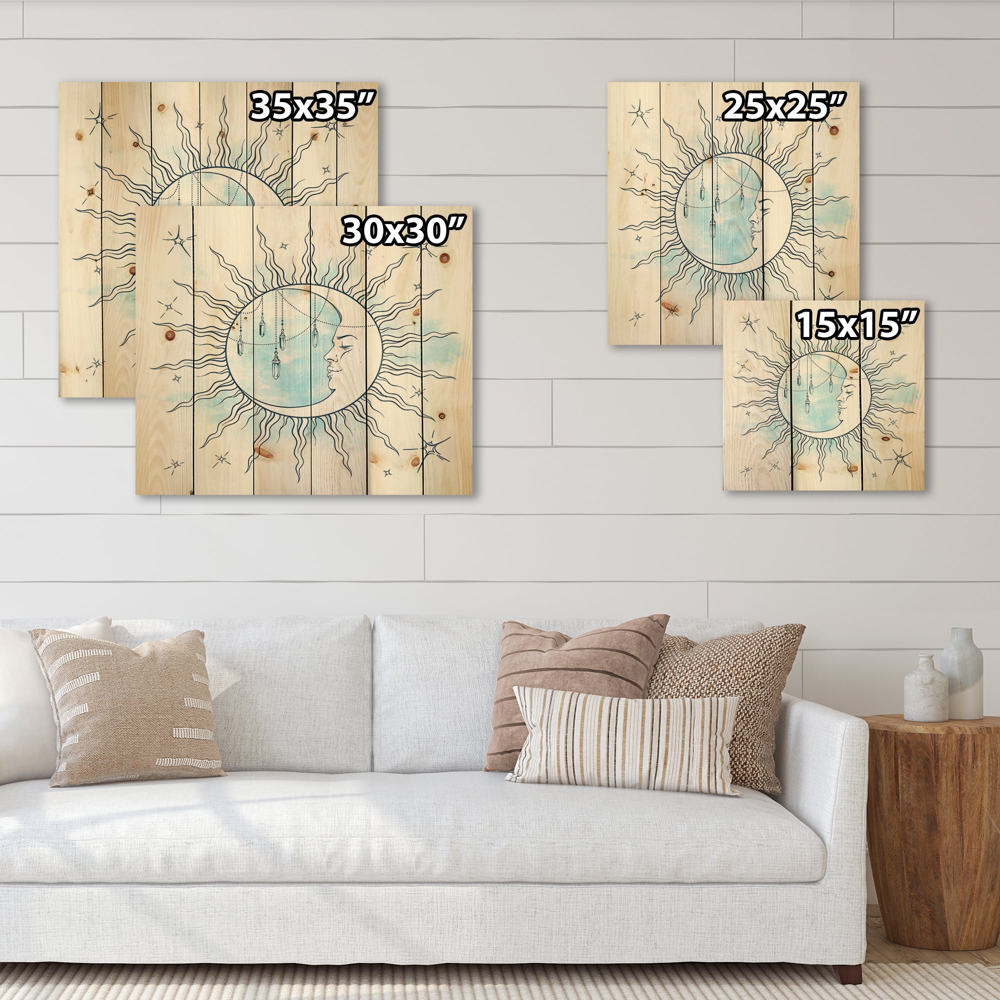 Designart 'Blue Crescent Moon With Stars and Moonstone Pendants' Bohemian & Eclectic Print on Natural Pine Wood