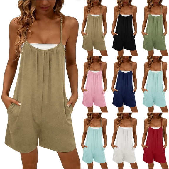 Bloomae Summer Casual Rompers for Women Loose Comfy Wide Leg Short Jumpsuits Sleeveless Spaghetti Strap One Piece Beach Jumpers With Pockets