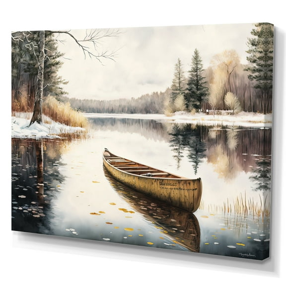 Designart Winter Scene With Canoe II Canvas Wall Art
