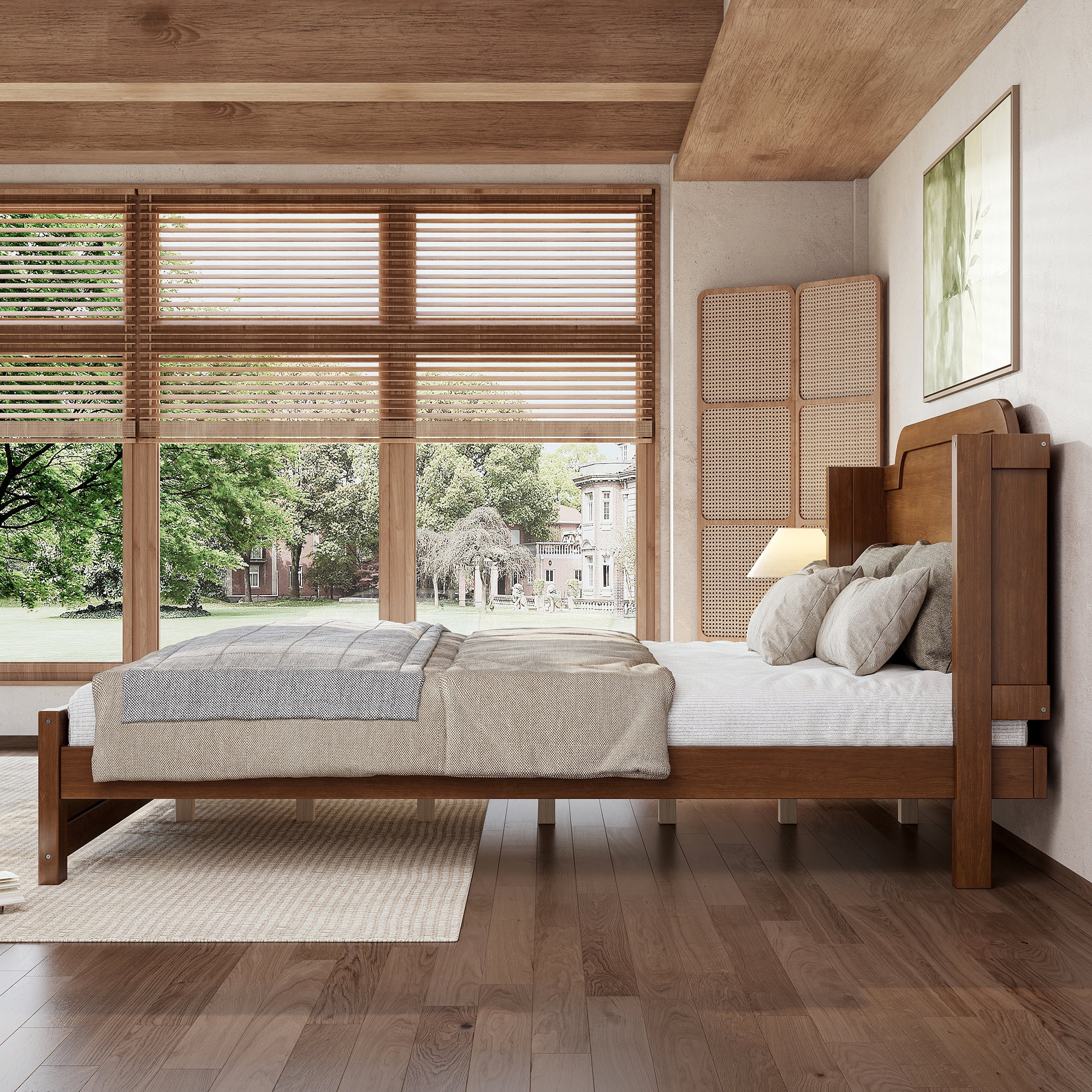 GARITIN Queen Solid Wood Platform Bed with Headboard, Brown Finish & Minimalist Design, Easy Assembly, No Box Spring Needed Traditional Wood Bed Frame, Brown
