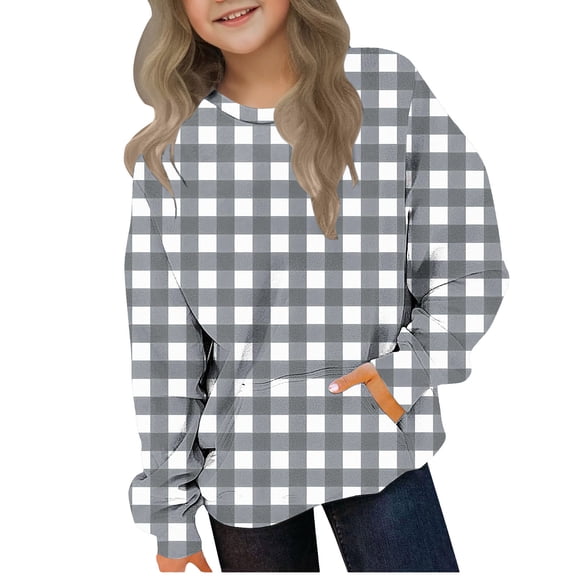 SELONE Kids Sweatshirts Pullover Long Sleeve Crew Neck Sweatshirts Plaid Pockets Pullover Top Fall Winter Clothes 2-12Y