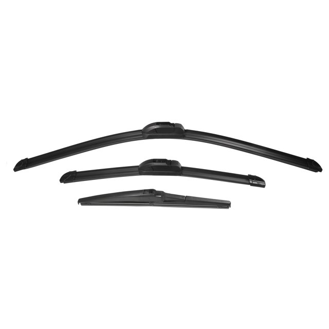 Unique Bargains 1 Set Front Rear Windshield Wiper Blade in black, designed to fit Hyundai Accent 2012-2017 and Kia Rio 2012-2017. Includes two front wiper blades measuring 26 inches and 16 inches, and one rear wiper blade measuring 11 inches. Made of durable plastic and rubber for smooth, low-noise operation. Easy to install as a direct replacement for old or broken wiper blades.