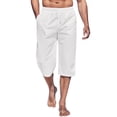 thumbnail image 2 of Domuza Men's Linen Capri Pants Casual Lightweight 3/4 Baggy Pants Drawstring Elastic Waist Beach Yoga Pants with Pockets White L, 2 of 5