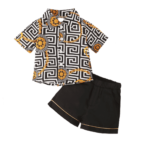 

Baby Boys Outfits Fashion Pattern Turn-down Collar Shirt Shorts 2Pcs Black 2-3 Years