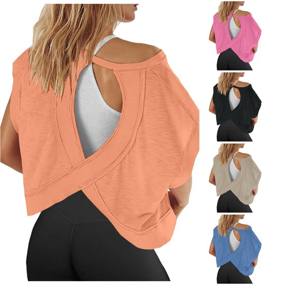 YMNXA Women Tank Tops Short Sleeve Round Neck Solid Color Workout Open Back Tops Yoga Athletic Gym Crop Tees For Outdoor Activities,Orange,M