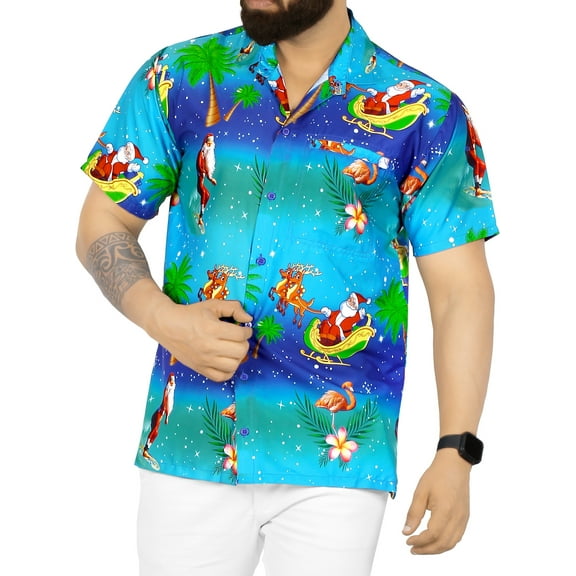 HAPPY BAY Men's Beach Button Down Funky Santa Claus Party Dress Shirt Vacation Hawaiian Ugly Christmas Tree Gifts shirts for Men 3XL Santa Surf, Blue