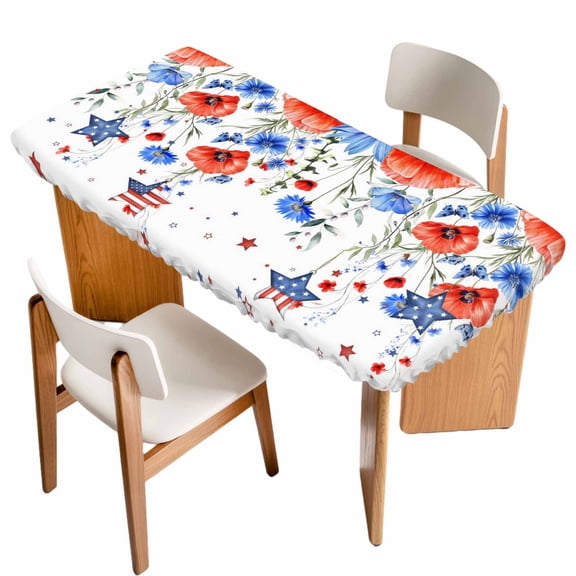 4th of July Table Cloths for 3 Foot Rectangle Tables, Red Blue Floral Independence Day Stars Butterflies Patio Waterproof Elastic Fitted Tablecloths, Washable Rectangular Table Cover for Camping