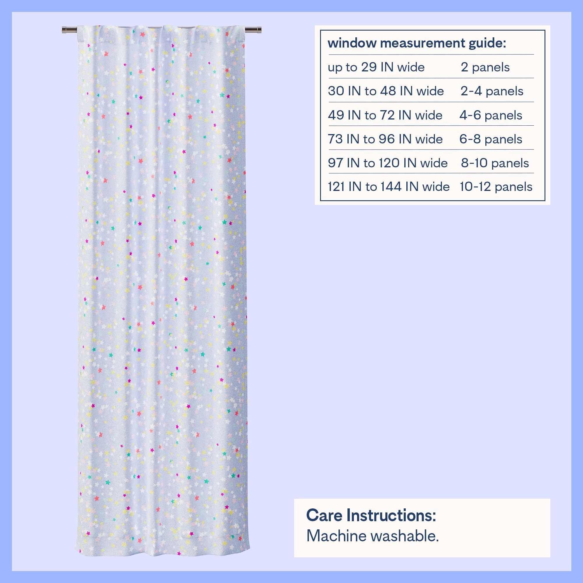 Mainstays Kids Light Purple Printed Glow in the Dark Blackout Rod Pocket with Back Tabs Single Curtain Panel, Multicolor Star Print, 38" W x 84" L