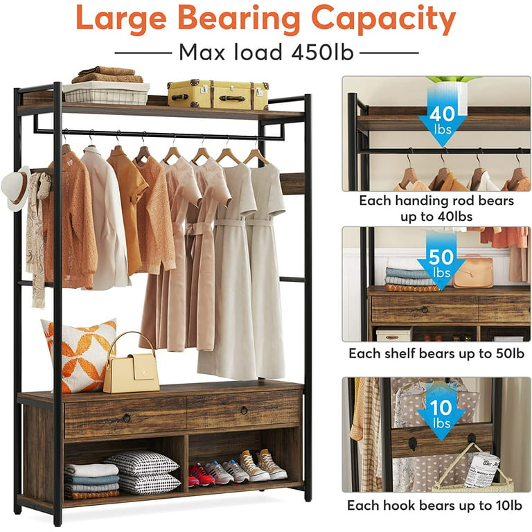 87 Tall Heavy Duty Clothes Rack with Shelves, Freestanding Open Wardrobe,Garment  Rack with Shelves,Closet Racks for Hanging Clothes,Closet Organizers and  Storage,Rustic Brown 