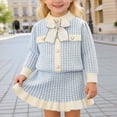 thumbnail image 2 of Girls 2 Piece Set Solid Bow Tie Tweed Jacket and Skirt with Ruffle Trim Outfit Toddler Girl Knit Sweater Dress, 2 of 6