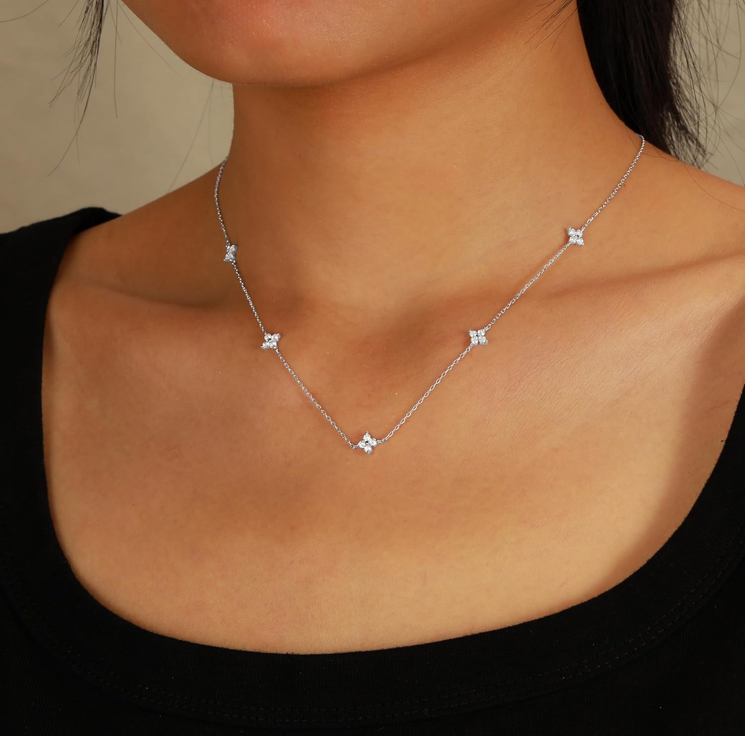 Lucky Leaf Necklace for Women 925 Sterling Silver Trendy 14K Gold Plating Layered Cute White CZ Flowers Pendant Choker Necklaces to Daughter Mom Minimalist Stackable Chain Wedding Prom Brides Jewelry