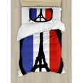 thumbnail image 1 of Eiffel Tower Duvet Cover Set Twin Size, Boldic Round in 3 Flag Colors, Decorative 2 Piece Bedding Set with 1 Pillow Sham, Charcoal Grey Vermilion Dark Lavender White, by Ambesonne, 1 of 3