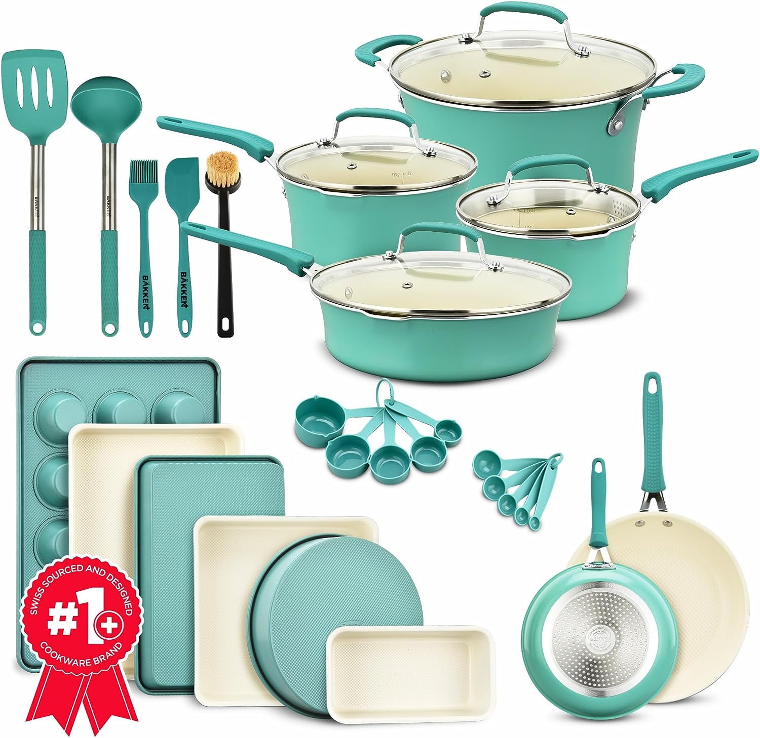 Cookware Set  23 Piece Aqua Multi-Sized Cooking Pots with Lids, Skillet Fry Pans and Bakeware  Reinforced Pressed Aluminum Metal - Suitable for Gas, Electric, Ceramic and Induction by BAKKEN Swiss