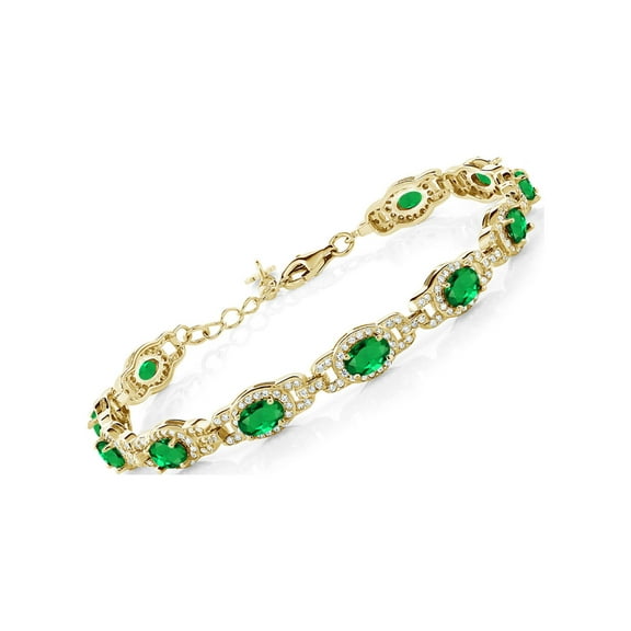Gem Stone King 18K Yellow Gold Plated Silver Green Simulated Emerald Tennis Bracelet for Women (8.00 Cttw, Oval 6X4MM, 7 inch With 1 inch Extender)