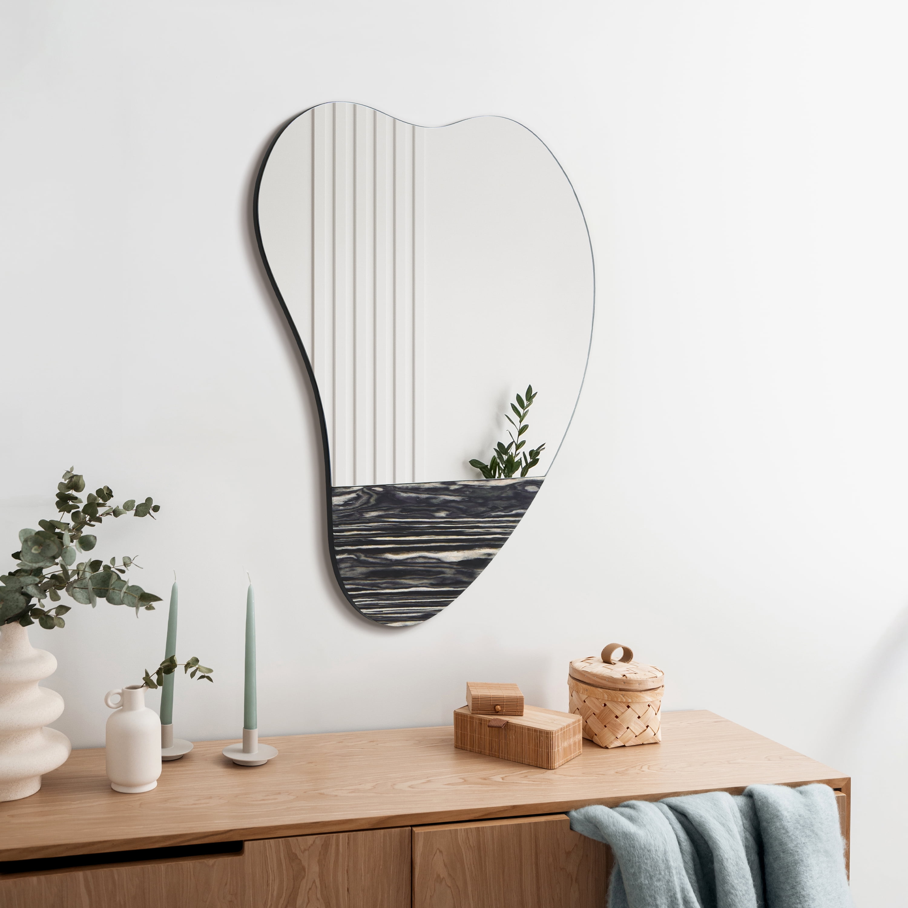 "Curved Harmony Wall Mirror", 36"x24" Irregular Frameless Mirror Featuring Exotica Stained Veneer Accents
